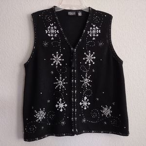 REBECCA MALONE Size 2X Ramie Cotton Black/Silver Embroidered Zip Christmas Vest